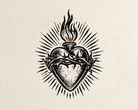 Sacred heart of jesus, religious symbol, vintage woodcut style illustration with crown of thorns and flames