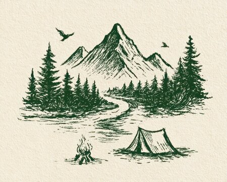 Camping in the mountains, landscape sketch with pine forest, tent, campfire, and birds, vintage woodcut style