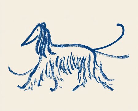 Elegant afghan hound with long flowing hair, handdrawn style illustration in blue ink on a light cream background