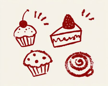 Set of hand drawn dessert illustrations including cupcakes, a slice of strawberry cake, and a cinnamon roll, red crayon style on cream background