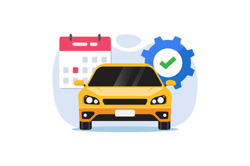 Fototapeta premium vector illustration of a yellow car in front of a calendar and gear checkmark, symbolizing scheduled vehicle maintenance, service appointment, inspection reminder and reliable auto care planning.