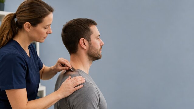 Therapist using IASTM tool on patient's neck