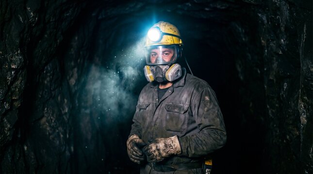 Miner wearing respirator and headlamp, illuminated dust in deep underground mine tunnel, industrial work safety, resource extraction.