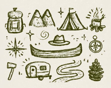 Camping and outdoor adventure doodle set featuring mountains, tent, campfire, backpack, canoe, compass, and travel gear in a textured sketch style