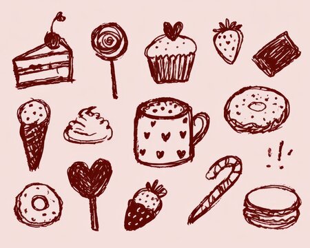 Handdrawn doodle set of various sweet treats including cake, cupcakes, donuts, strawberries, and candy canes in a sketch style
