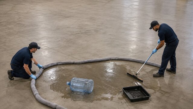 Maintenance workers cleaning up water spill in warehouse