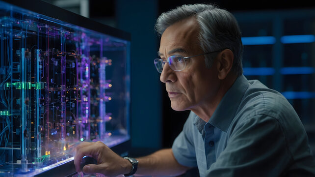 Senior male scientist or doctor looking focused at glowing laboratory data display