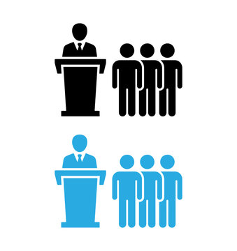 Speaker at podium with audience vector icons in black and blue, representing public speaking, conference, and business.