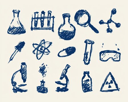 Set of handdrawn science and laboratory equipment, doodle style sketches of scientific tools, chemistry and biology icons in blue color on a light background