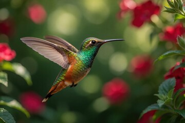 Naklejka premium Colorful hummingbird flies near red flowers in garden. Small bird shows vibrant green feathers, wings in mid air. Tropical wildlife action shot in nature during summer. Beautiful avian creature