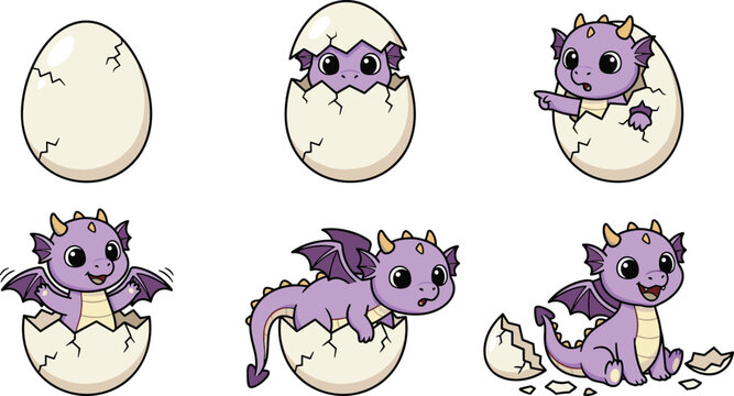 Cute Purple Baby Dragon Hatching Sequence Icon Set with Cartoon Dino Character Emerging from Egg Shell for Children Illustration and Graphic Design