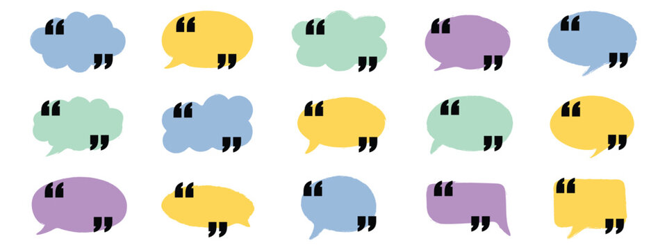 Pastel speech bubbles with quotation marks set vector illustration. Colorful quote box frame, speech balloon icon collection for testimonial and feedback text template.