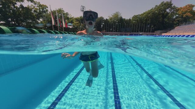 Split View Boy Swimming with Flippers and Mask in Outdoor Pool