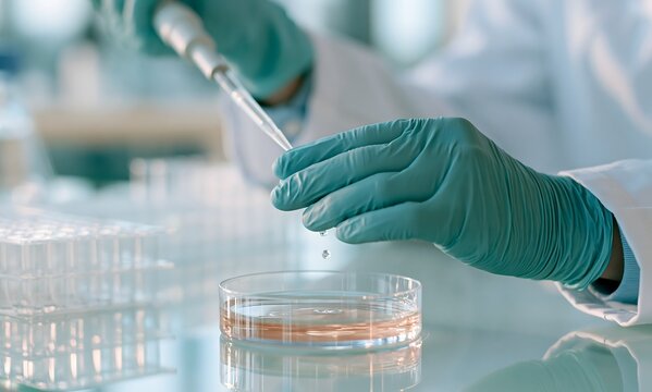 laboratory scene, scientist wearing gloves holding a micropipette dispensing liquid into a laboratory rack, a petri dish filled with culture medium in foreground, clean white clinical environment