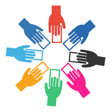 Minimalist democracy vector illustration of seven voting hands around a circle on white