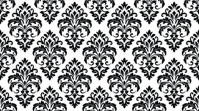 Vintage damask seamless pattern, black and white floral wallpaper vector, elegant baroque ornament for luxury textile and interior design