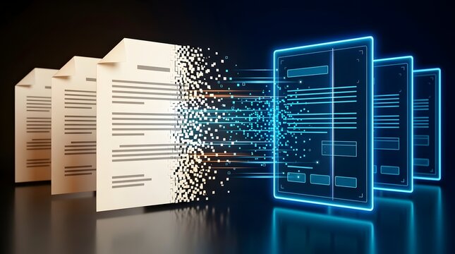 Document digitization and electronic data processing concept with physical papers converting into glowing digital files