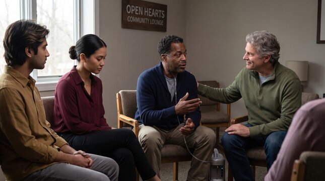 Black man using a nasal cannula and portable oxygen concentrator receives a reassuring shoulder touch while diverse peers listen to his personal account in a calm neighborhood support circle
