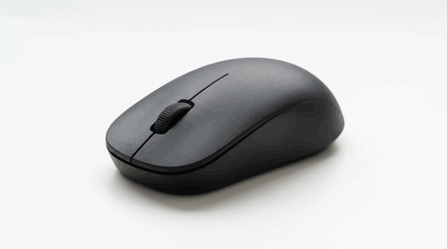 Computer mouse in matte black color rests on a clean white background.