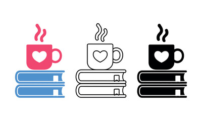 Colorful coffee mugs with heart icon on top of books set