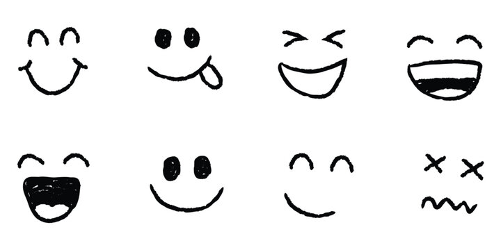 Hand drawn doodle smiley faces set vector illustration. Black line sketch smile emoji, happy laughing face expression icon collection for scrapbook sticker and social media reaction.