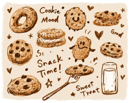 Cute handdrawn cookie set with chocolate chip cookies, sandwich cookies, and milk, featuring whimsical doodle characters and text