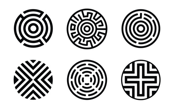 Abstract maze circular logo set featuring geometric labyrinth symbols, concentric circle patterns, ethnic tribal badges, and modern line art emblems vector.