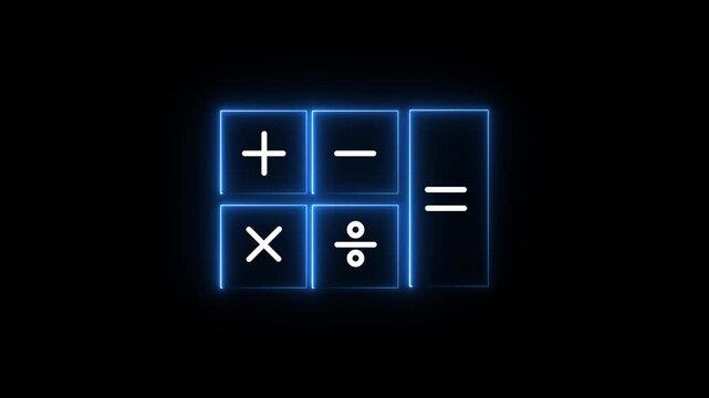 Neon Calculator Icon with Mathematical Symbols, Financial Calculation and Budget Planning Concept, Accounting, Finance, Tax and Business Management Animation
