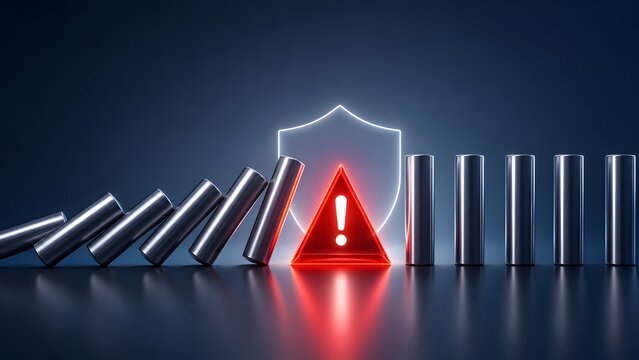 Risk management crisis prevention halting metal domino effect with glowing red warning triangle for business security.