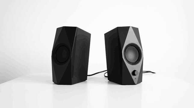 Desktop computer speakers with geometric design sit on a white table.