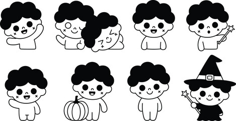 Cute cartoon boy character set with curly black hair displaying various playful emotions and Halloween themed witch costume on white background