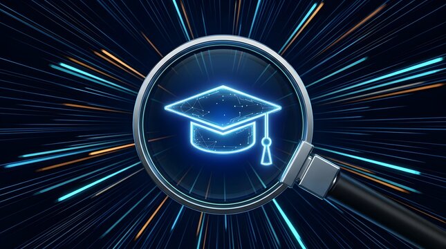 Accelerated digital learning concept with glowing graduation cap in magnifying glass zooming through light speed