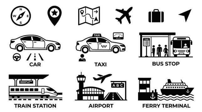 Transportation icons set features various transit options like cars, taxis, buses, trains, airplanes, and ferries.