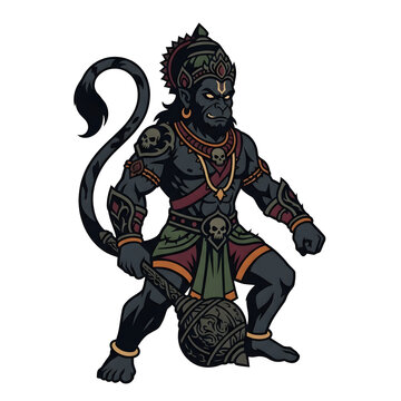 Mighty monkey deity illustration with mace and warrior ornaments