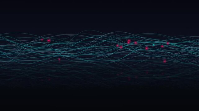 A high-tech motion graphic of flowing fiber-optic ribbons in luminous cyan and neon scarlet. Horizontal data streams ripple across a dark wet floor with reflections, creating a cyberpunk background fo