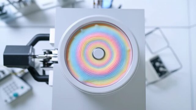 Circular industrial mechanism with vivid rainbow blur spins inside white machine housing in bright laboratory, surrounded by blurred robotic hardware, cables, and technical equipment, creating clean