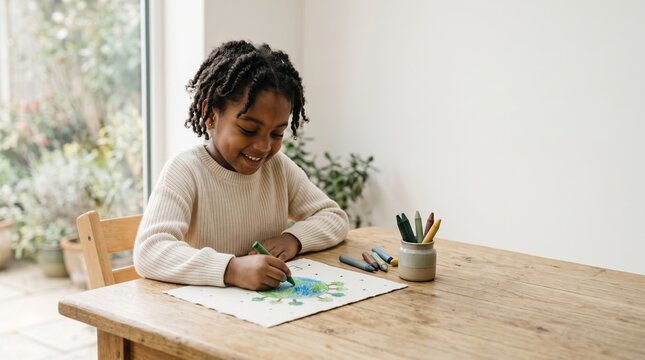 Young black girl drawing Earth Day theme with crayons at a table  