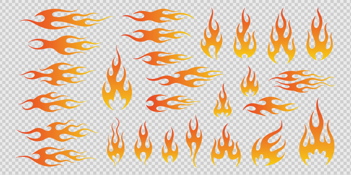 Hot rod fire flame decals set vector illustration. Orange racing flame tribal gradient graphic collection on transparent background for motorcycle, car, racing helmet, and vinyl sticker design.