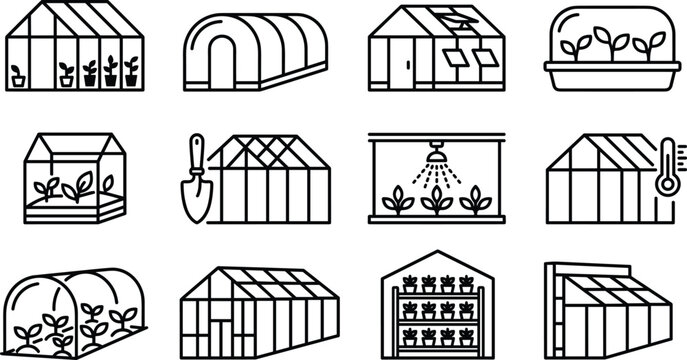 Greenhouse and Garden Nursery Icon Set Featuring Polytunnels, Glasshouses, Seedling Trays, Irrigation Sprinklers, Plant Shelves, and Climate Control Outline Vector Symbols