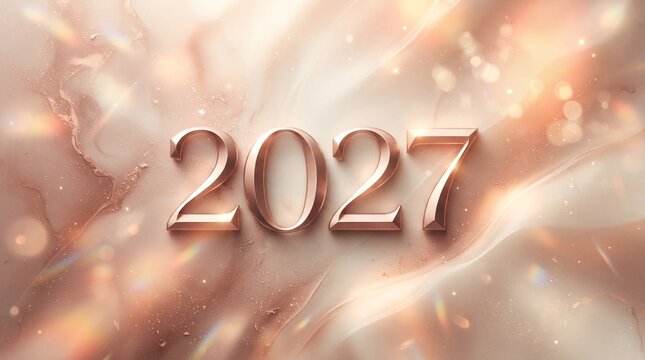 A shiny rose gold background with the year 2027 in bold metallic letters