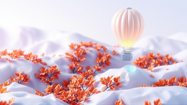 Soft pink balloon floats above snowy landscape. Orange foliage dots rolling hills. Gentle light creates dreamy scene.