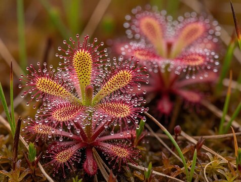 Dew drops adorn sundew plant tentacles. Carnivorous insectivorous Drosera grows in wet bog habitat. Tiny red tentacles capture prey in wild nature.