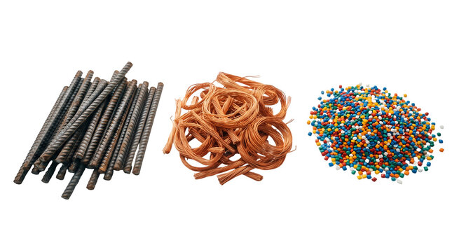 Collection of raw industrial materials: steel rebar, copper wire coils, and colorful plastic pellets