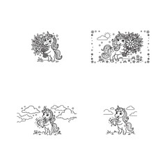 Fototapeta premium Set of cute unicorn coloring pages with flowers and diamonds for children