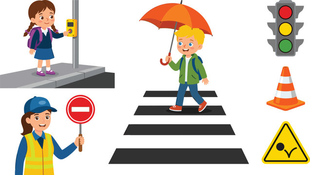 School Children Traffic Safety Vector Set Featuring Crosswalk Crossing Guard with Stop Sign Traffic Light and Push Button Pedestrian Signals
