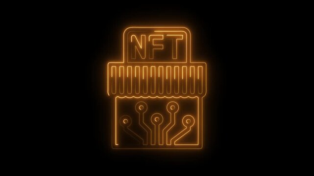 Glowing neon nft token symbol with digital circuit connection on dark background