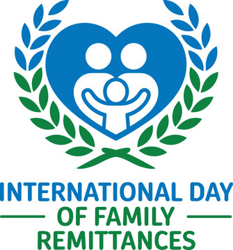 International day of family remittances vector logo with blue heart laurel wreath and people shapes global finance concept