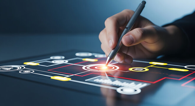 Hand using stylus on futuristic digital interface with glowing data and charts for technology concepts