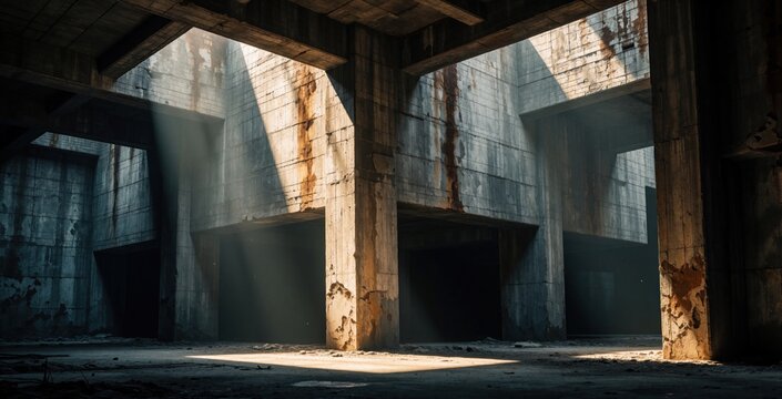 Sunbeams pierce through roof openings in an abandoned concrete factory interior. Dust motes float in light shafts illuminating decaying industrial architecture with rusty stains.