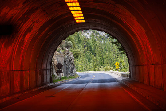 Beautiful view looking out of the historic Wawona Tunnel in Yosemite National Park